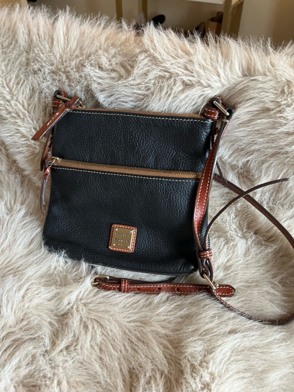 Dooney & Bourke Black Pebbled Leather Crossbody with Brown Trim